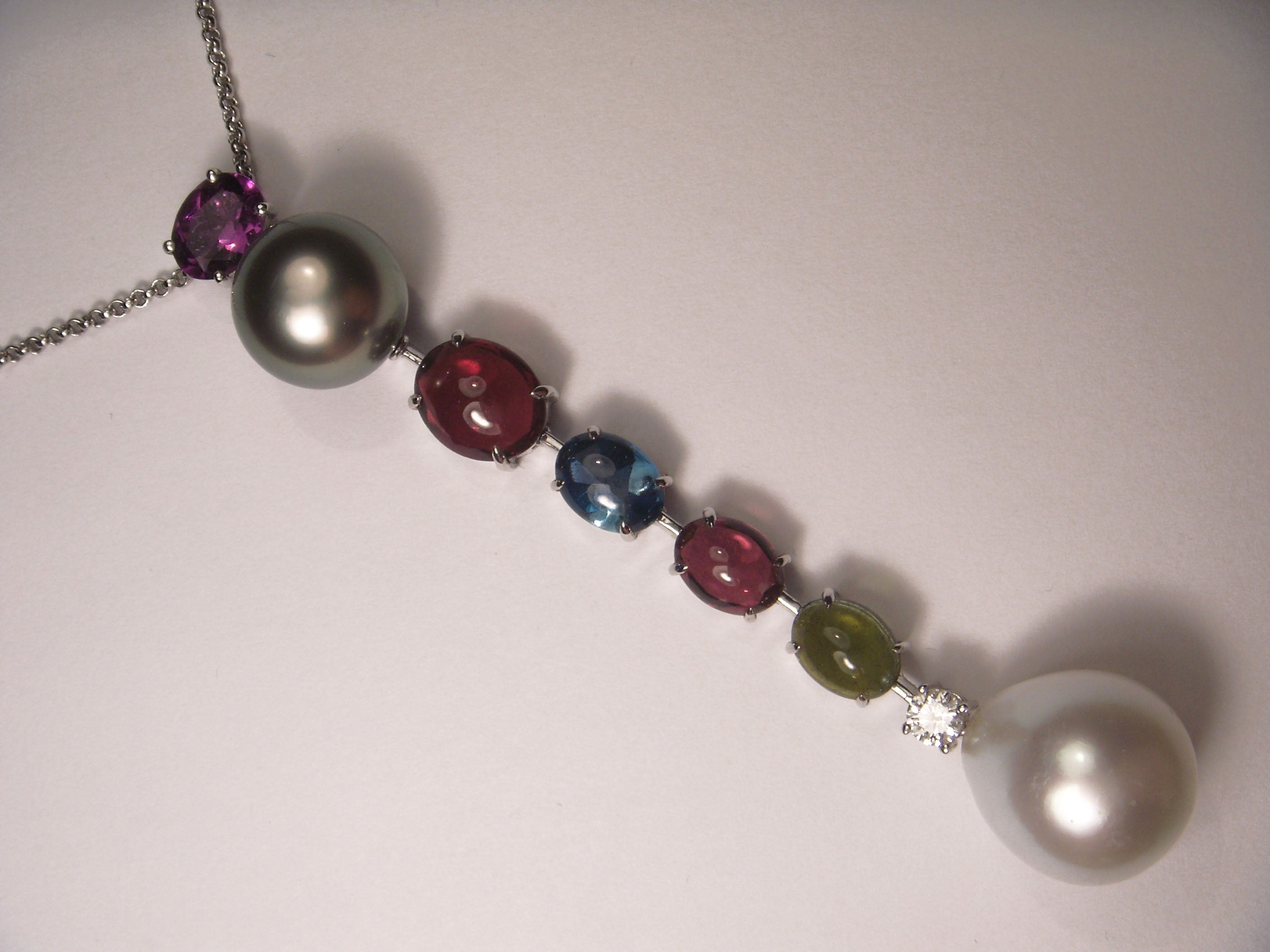 Unique 18K White Gold Diamond Gemstone Tahitian Pearl Pendant Necklace - GGEMSonline