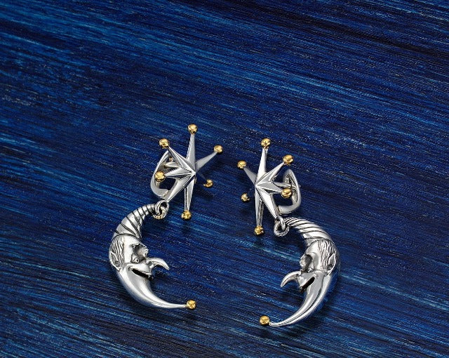 Designer Sterling Silver 22k Gilded Whimsical Star Moon Mihail Chemiakin Drop Earrings - GGEMSonline