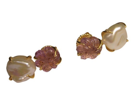 14K Gold Amethyst Baroque Pearl Earrings