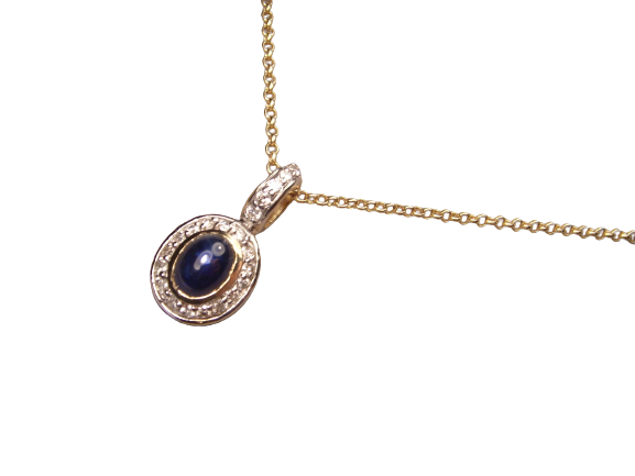 Stunning 14K Yellow Gold Cabochon Sapphire Diamond Pendant Necklace - GGEMSonline