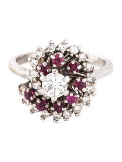 Lovely Estate 14K White Gold Ruby Rubies Diamond Floral Flower Spiral Ring - GGEMSonline