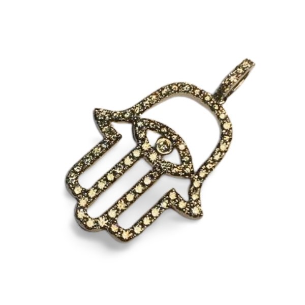 Beautiful 14K White Gold Diamond Hamsa Evil Eye Pendant Necklace - GGEMSonline