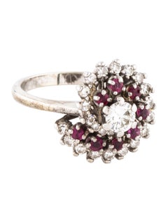 Lovely Estate 14K White Gold Ruby Rubies Diamond Floral Flower Spiral Ring - GGEMSonline