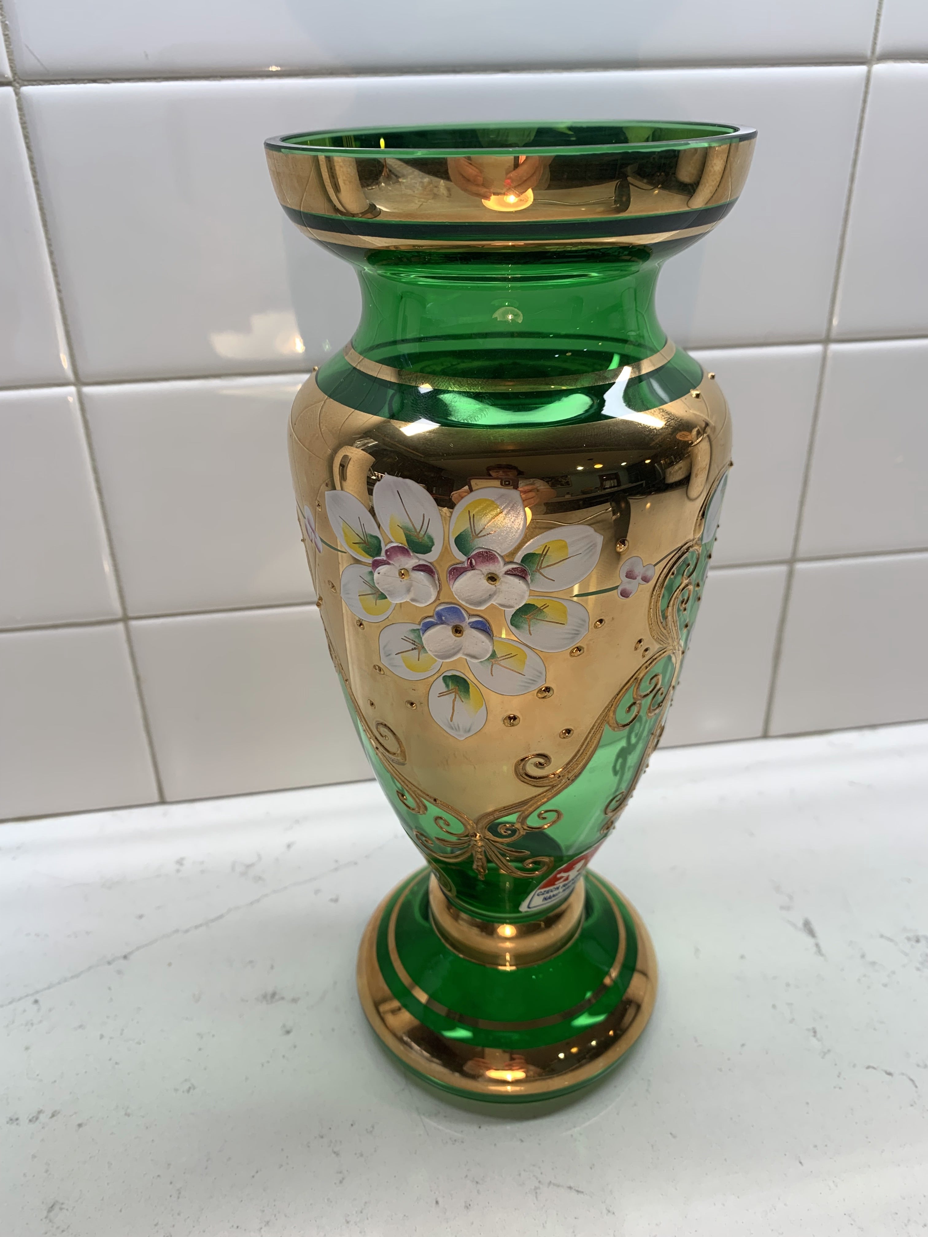 Czech Bohemian Egermann 24K Gold Encrusted Enameled Green Art Glass Vase 8.5" - GGEMSonline