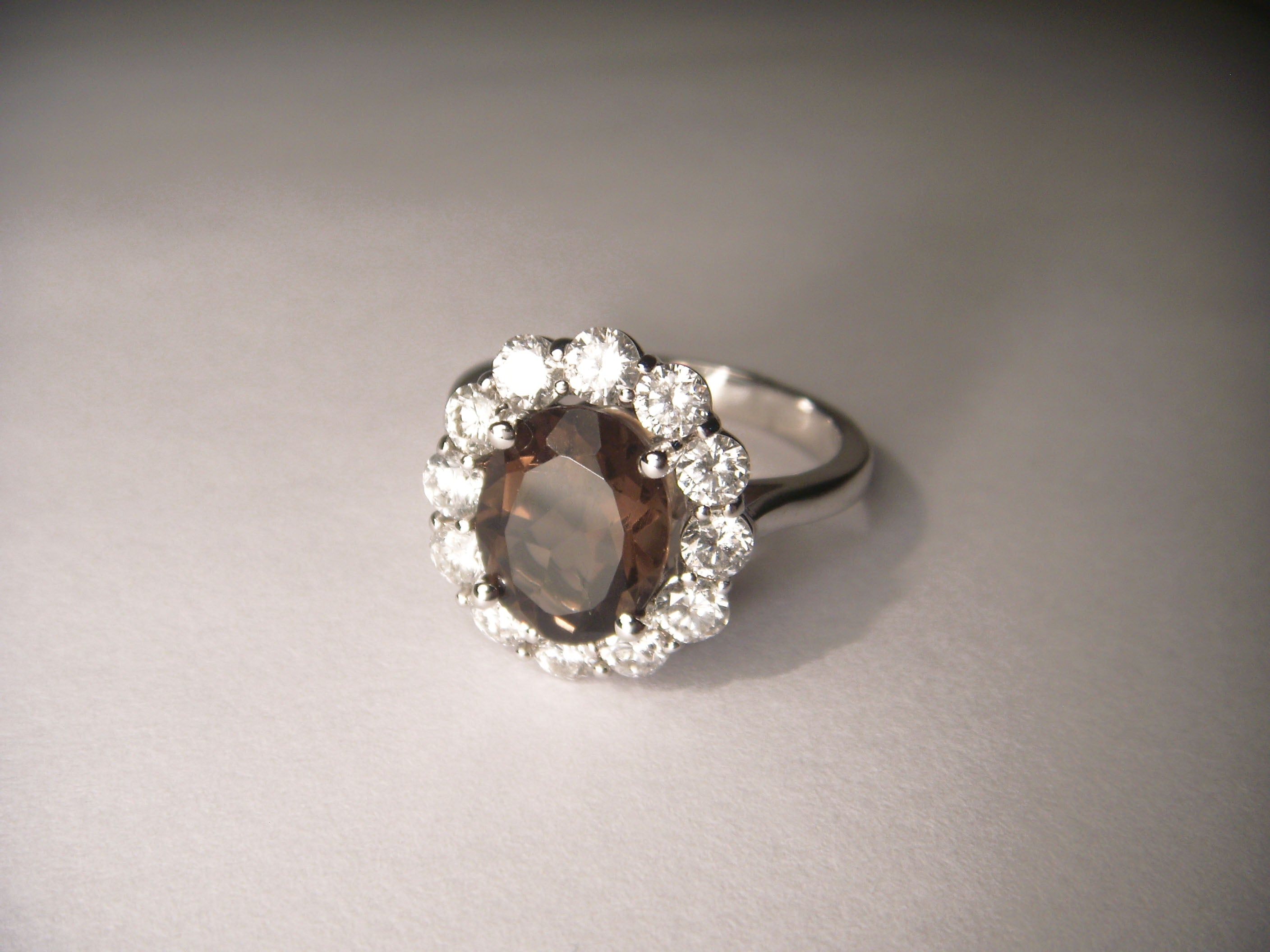 Exquisite 14K White Gold Huge Smokey Quartz Diamond Ring Band - GGEMSonline