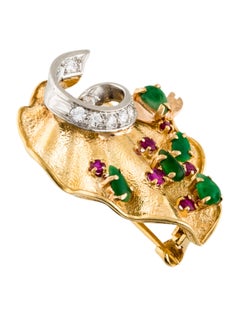 Antique 18K Yellow White Gold Diamond Ruby Green Jadeite Brooch Pin - GGEMSonline
