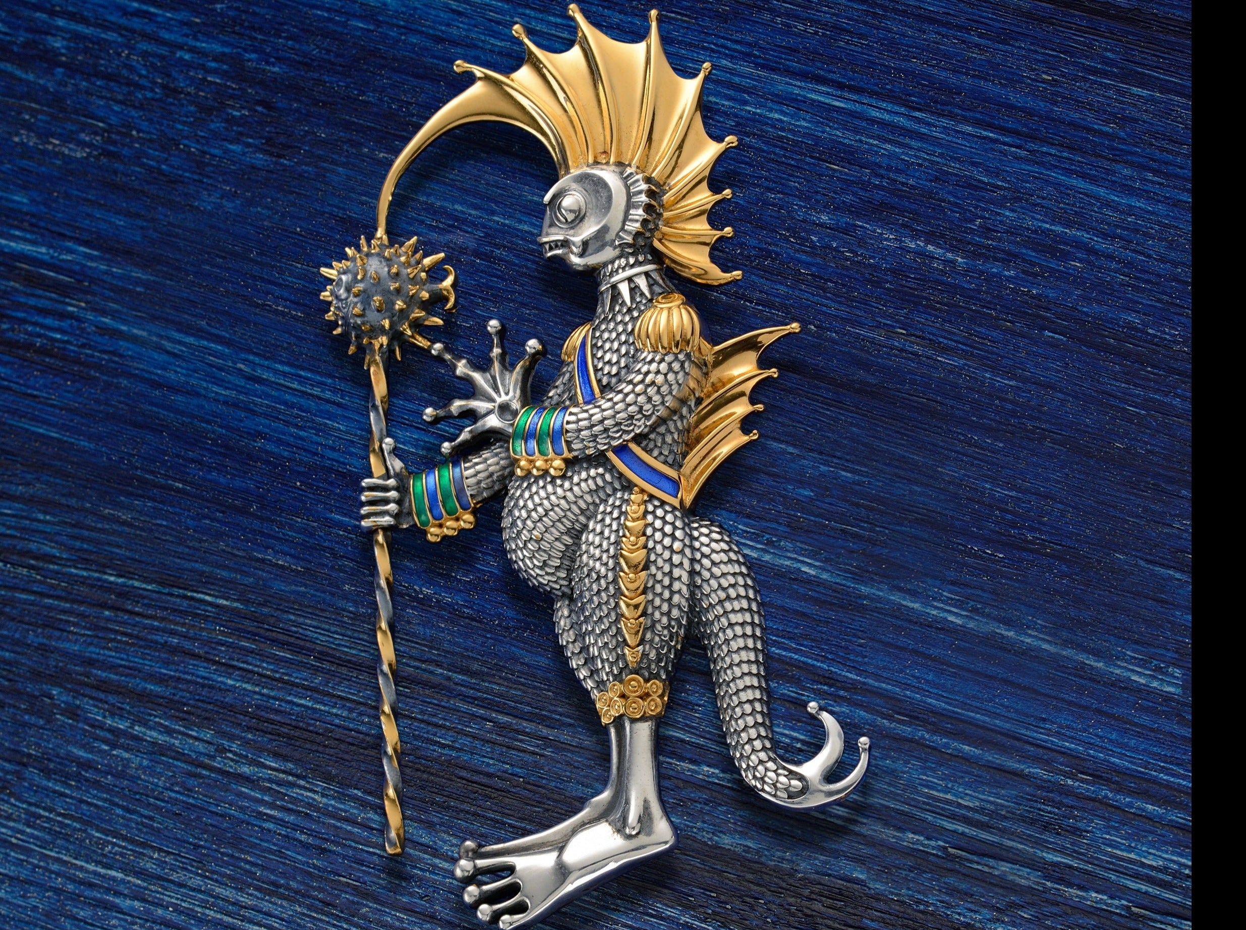 Designer Sterling Silver 22k Gilded Aquatic Warrior Mihail Chemiakin Pendant Brooch Pin - GGEMSonline