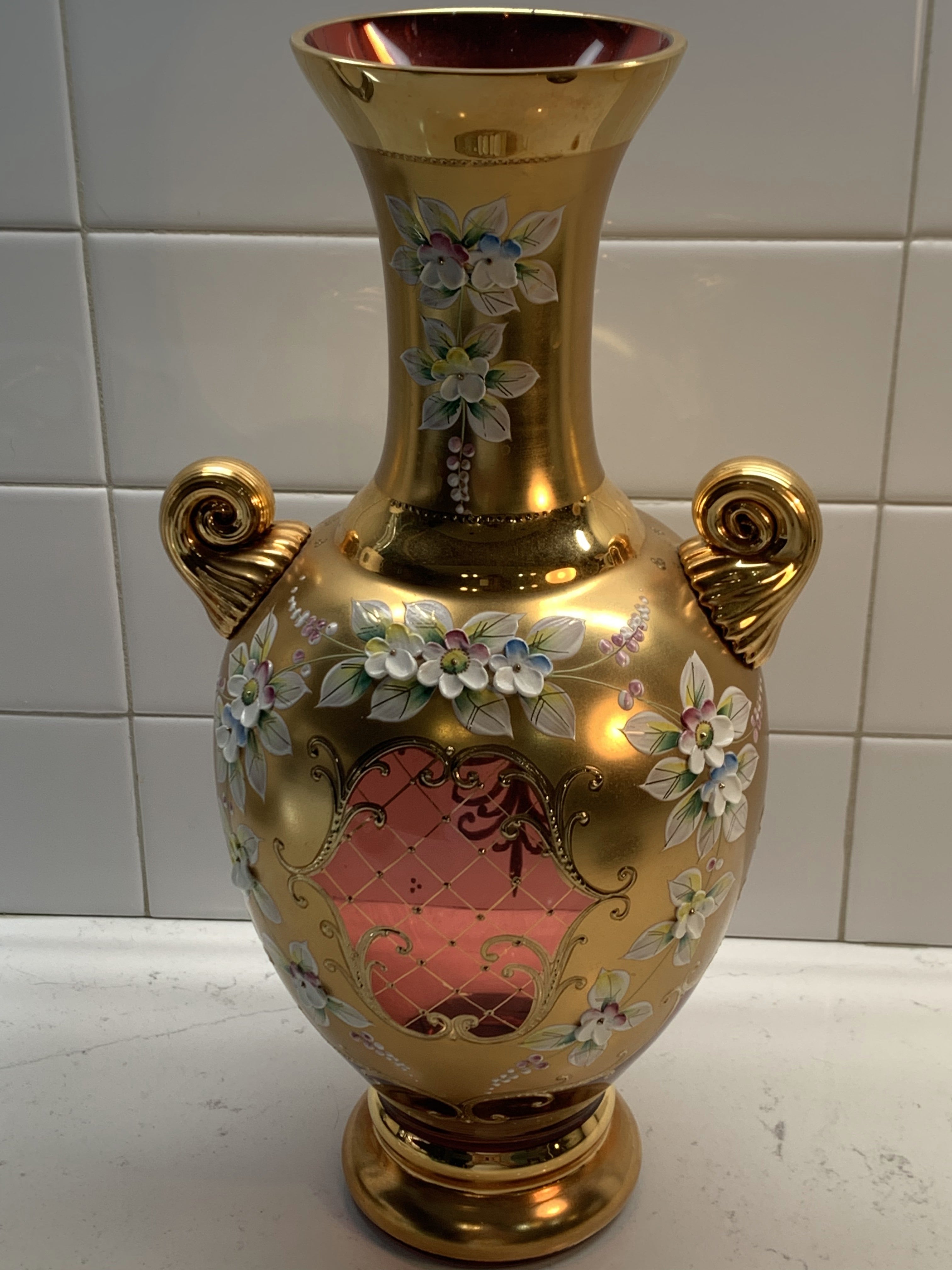 Czech Bohemian Egermann 24K Gold Encrusted Enameled Red Art Glass Vase 12" - GGEMSonline