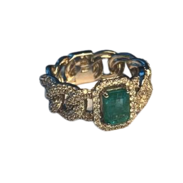 Stunning 18K White Gold Diamond Emerald Cuban Chain Link Band Ring - GGEMSonline