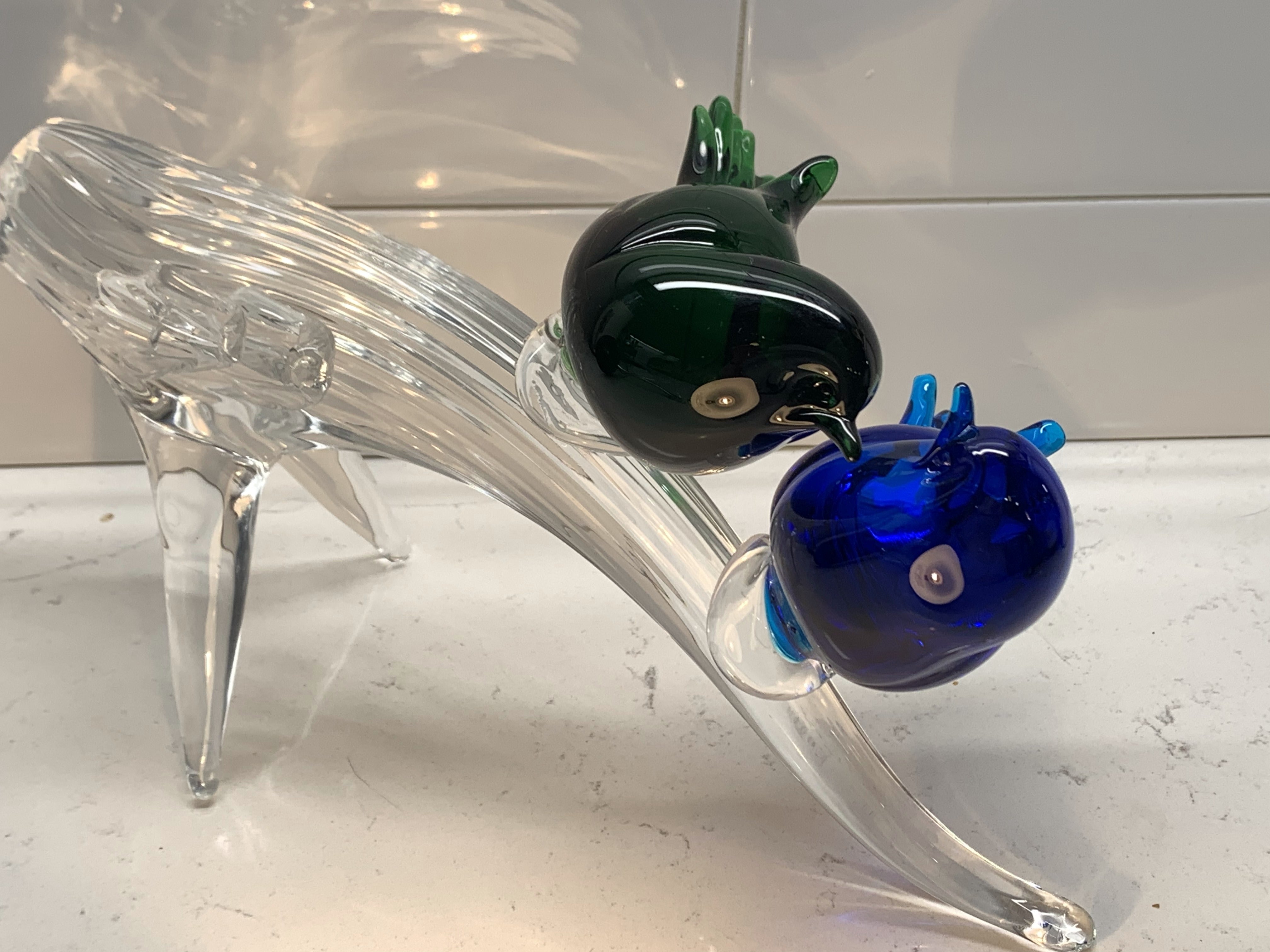 Vintage Murano Art Glass Figurine of Birds on Clear Glass Tree Branch Italy - GGEMSonline