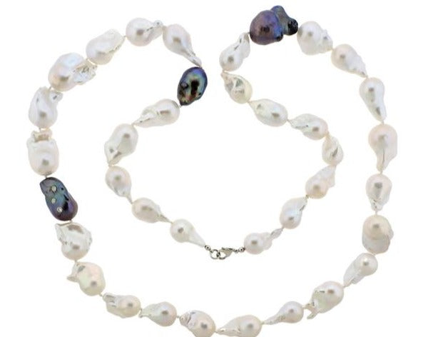 Fabulous 14K White Silver Gold Baroque Pearl Diamond Designer Long Wrap Around Necklace - GGEMSonline