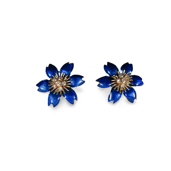 Magnificnet 18K White Gold Hidalgo Blue Enamel Floral Diamond Jacket Earrings - GGEMSonline