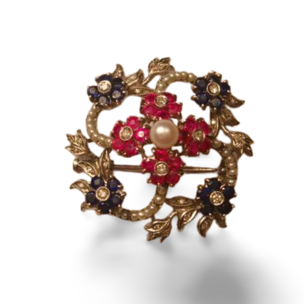 Antique Victorian 18K White Gold Diamond Ruby Sapphire Seed Pearl Brooch Pin - GGEMSonline