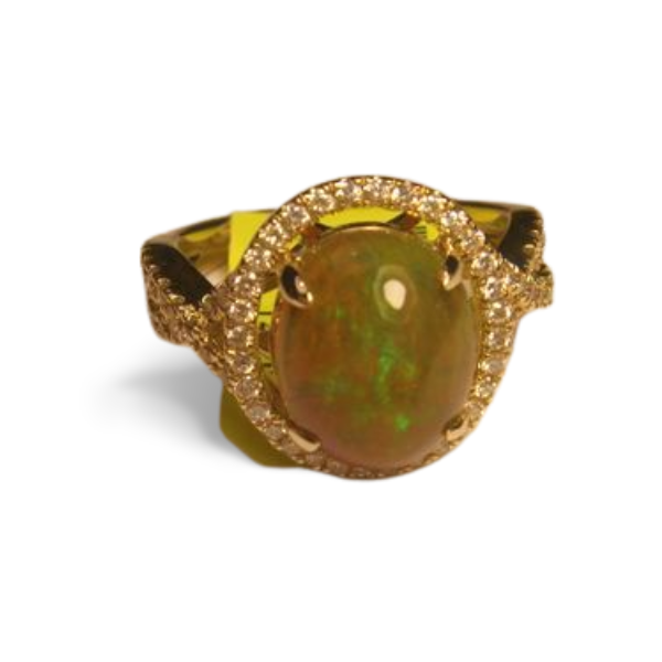 Stunning Estate 14K Yellow Gold Diamond Cabochon Opal Cocktail Ring - GGEMSonline