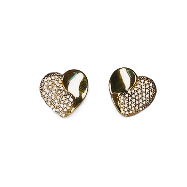 Beautiful Estate 14K Yellow Gold Pave Diamond Heart Stud Earrings - GGEMSonline