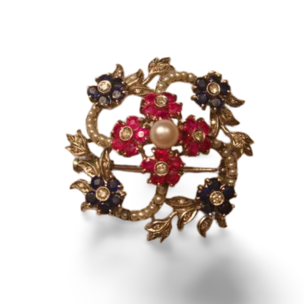Antique Victorian 18K White Gold Diamond Ruby Sapphire Seed Pearl Brooch Pin - GGEMSonline