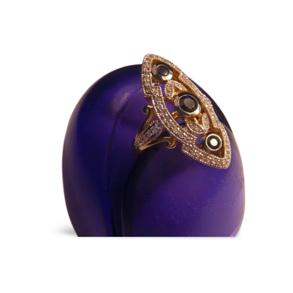 Gorgeous 14K Marquise Yellow Gold Diamond Sapphire Filigree Cocktail Ring - GGEMSonline