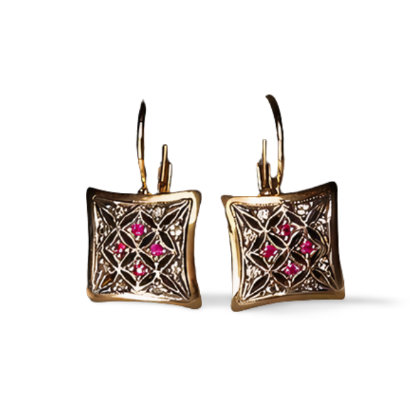 Wonderful Antique 14K Pink Gold Rose Cut Diamond Ruby Dangle Drop Earrings - GGEMSonline