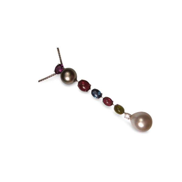 Unique 18K White Gold Diamond Gemstone Tahitian Pearl Pendant Necklace - GGEMSonline