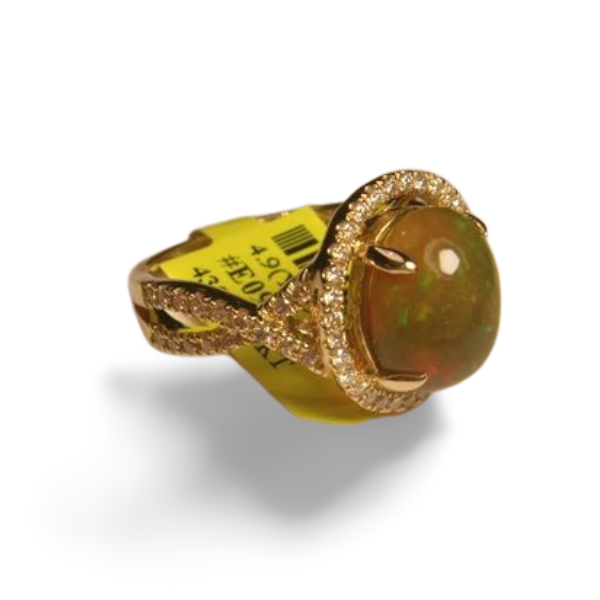 Stunning Estate 14K Yellow Gold Diamond Cabochon Opal Cocktail Ring - GGEMSonline