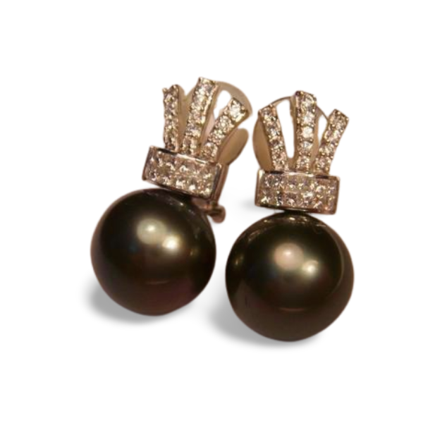 Magnificent 18K White Gold Diamond Huge Tahitian Pearl Crown Earrings - GGEMSonline