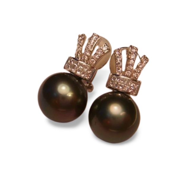 Magnificent 18K White Gold Diamond Huge Tahitian Pearl Crown Earrings - GGEMSonline