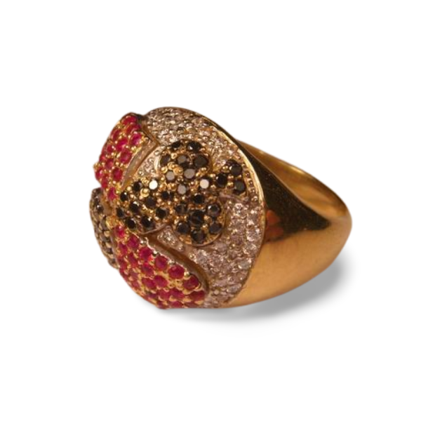 Stunning Designer 18K Yellow Gold Rubies Black Diamonds Poker Casino BlackJack Ring - GGEMSonline