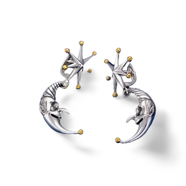 Designer Sterling Silver 22k Gilded Whimsical Star Moon Mihail Chemiakin Drop Earrings - GGEMSonline