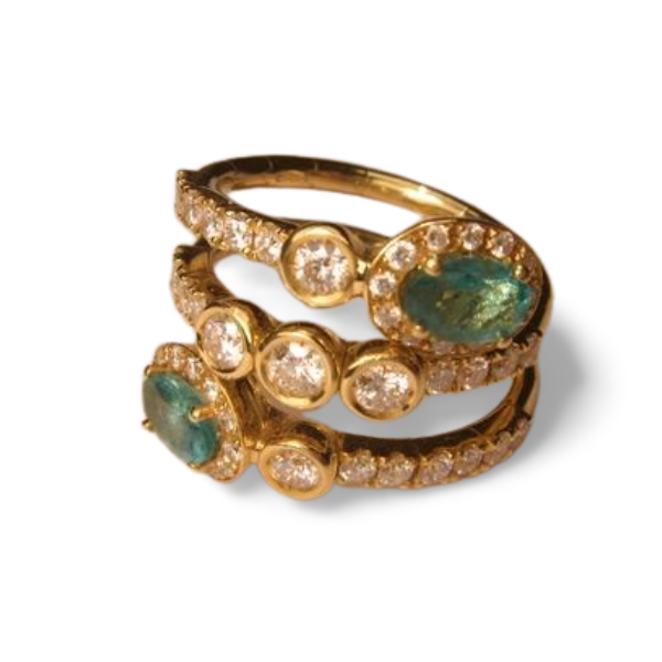 Beautiful Designer 18K Yellow Gold Bypass Emerald Diamond Cocktail Ring Band - GGEMSonline