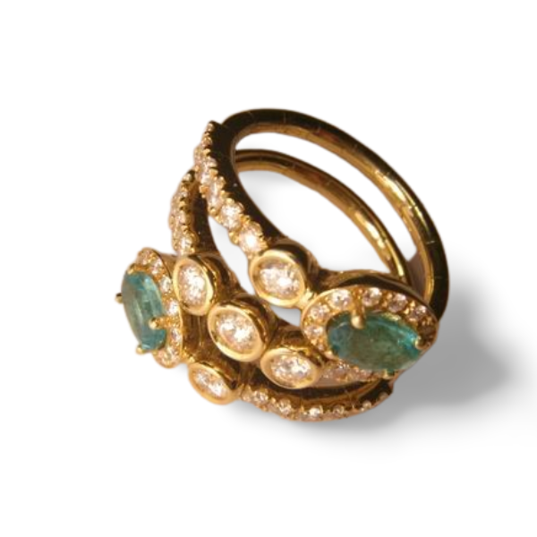 Beautiful Designer 18K Yellow Gold Bypass Emerald Diamond Cocktail Ring Band - GGEMSonline