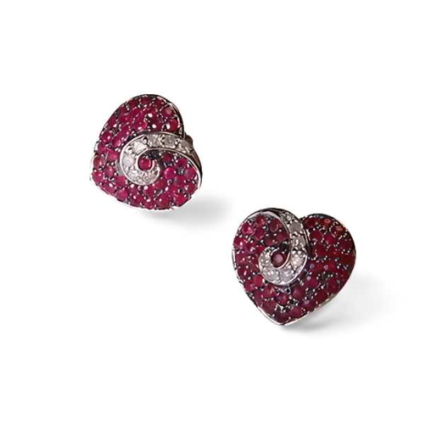 Gorgeous 14K White Gold Ruby Rubies Diamond Designer Heart Stud Earrings - GGEMSonline