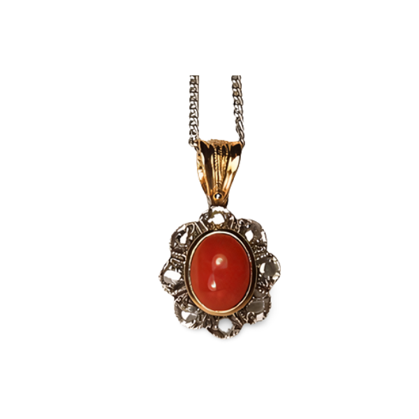 Fabulous Antique 14K Pink Rose Gold Diamond Undyed Red Coral Floral Pendant - GGEMSonline