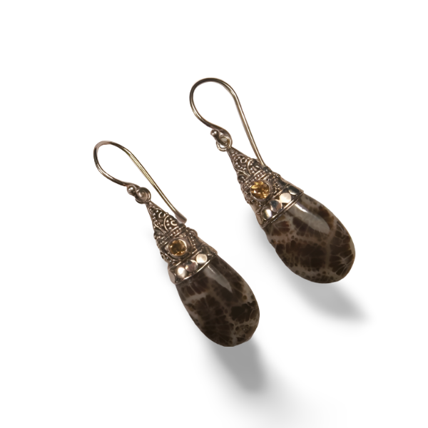 Unique Sterling Silver Leopard Coral Citrine Dangle Drop Earrings - GGEMSonline