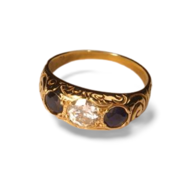 Gorgeous Antique 14K Yellow Gold Diamond Sapphire 3-Stone Wedding Ring Band - GGEMSonline