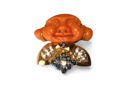 Magnificent 18K Yellow Gold Carved Red Coral Buddha Diamond Sapphire Pendant Pin - GGEMSonline