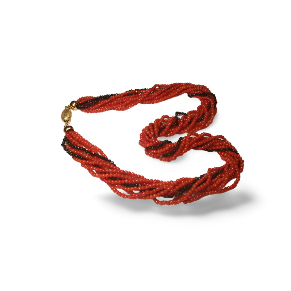 Rare Estate 18K Yellow Gold Clasp Onyx Red Undyed Coral 10 Strand Necklace - GGEMSonline