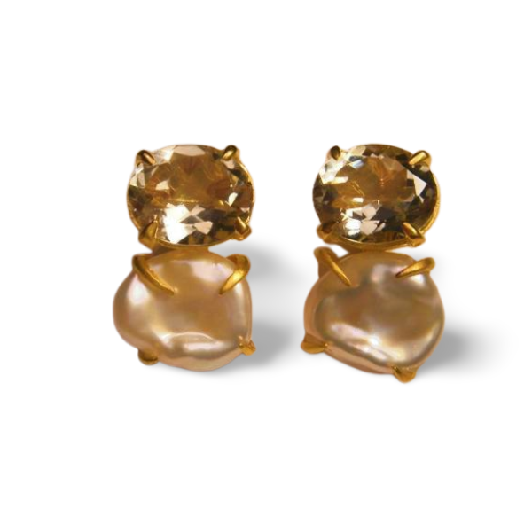 Unique 14K Yellow Gold Vermeil Silver Green Amethyst Baroque Pearl Designer Drop Earrings - GGEMSonline