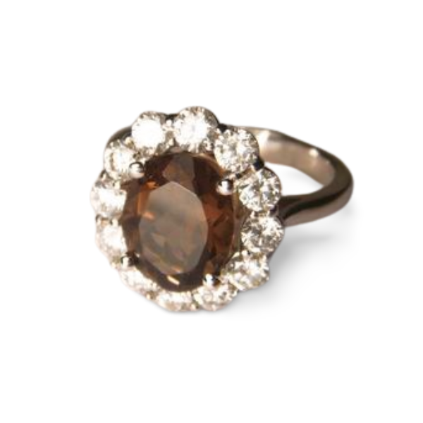 Exquisite 14K White Gold Huge Smokey Quartz Diamond Ring Band - GGEMSonline