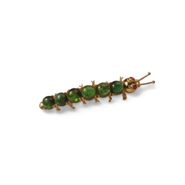 Beautiful 14K Yellow Gold Cabochon Peridot Caterpillar Brooch Pin - GGEMSonline