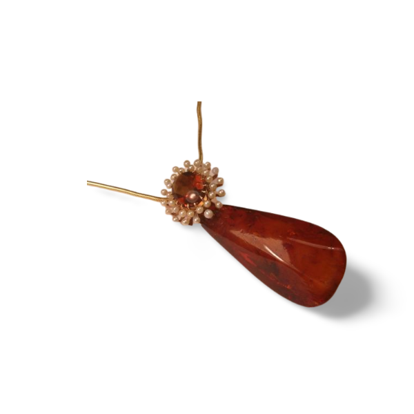 Beautiful Amber 14K Rose Gold Orange Citrine Seed Pearl Pendant Necklace - GGEMSonline