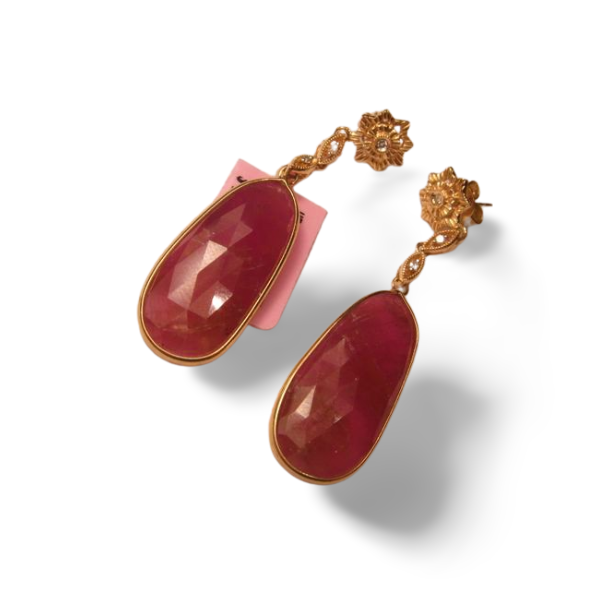 Gorgeous Estate 14K Yellow Gold Diamond Ruby Cabochon Tear Drop Dangle Earrings - GGEMSonline