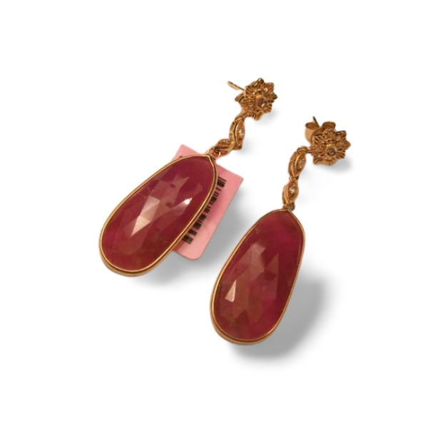 Gorgeous Estate 14K Yellow Gold Diamond Ruby Cabochon Tear Drop Dangle Earrings - GGEMSonline