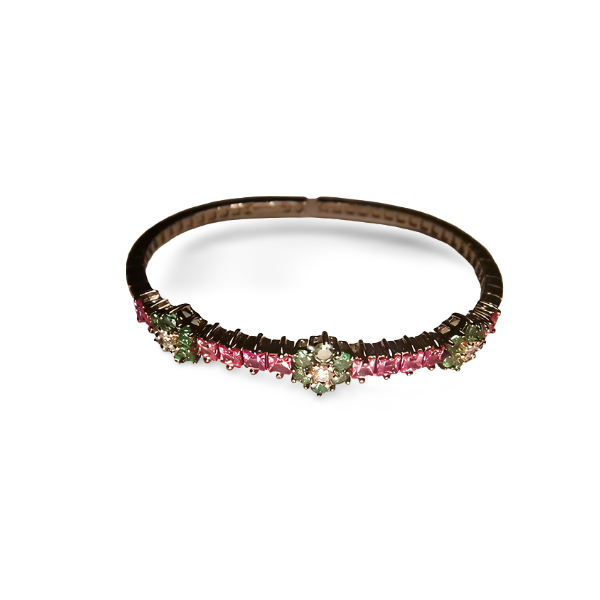 Stunning 18K White Gold Pink Sapphire Diamond Tsavorite Floral Bangle Bracelet - GGEMSonline