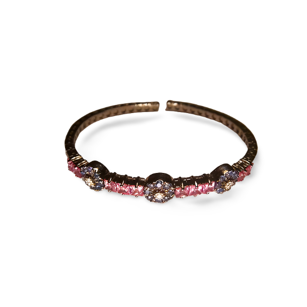 Stunning 18K White Gold Pink Sapphire Diamond Tsavorite Floral Bangle Bracelet - GGEMSonline
