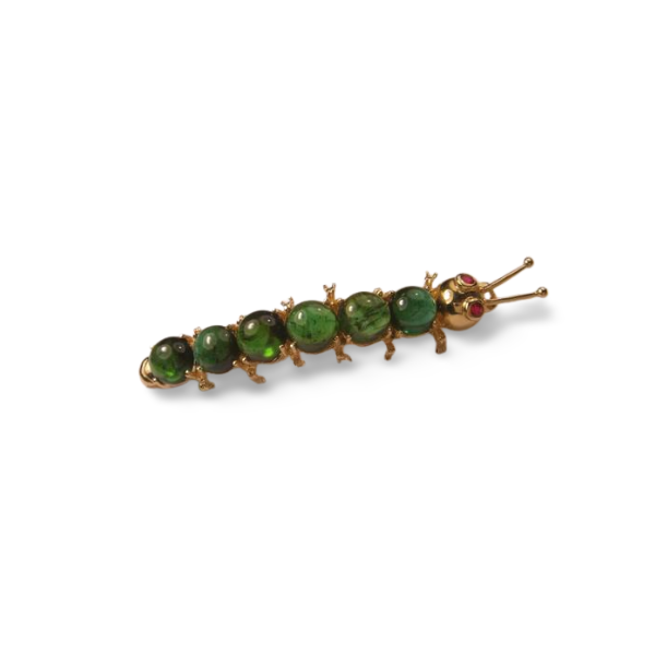 Beautiful 14K Yellow Gold Cabochon Peridot Caterpillar Brooch Pin - GGEMSonline