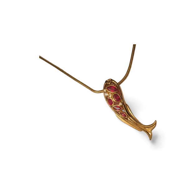 Beautiful 18K Yellow Gold Ruby Diamond Fish Slide Pendant - GGEMSonline