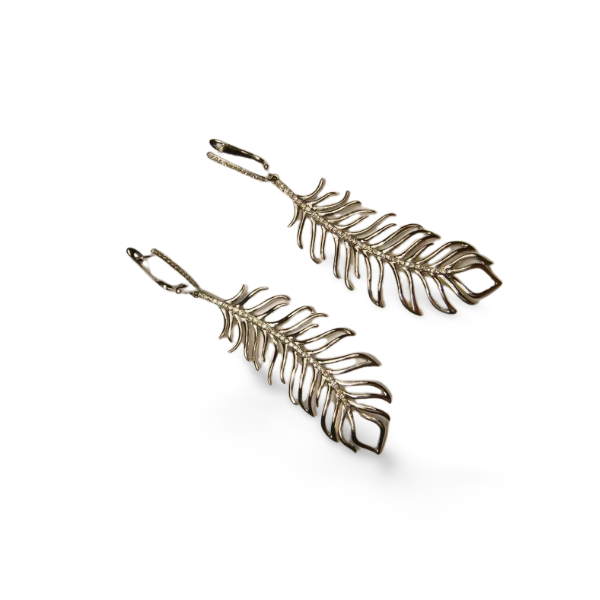 Fabulous 14K White Gold Diamond Designer Feather Dangle Drop Earrings - GGEMSonline