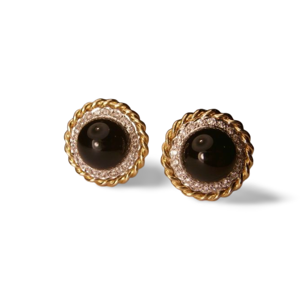 Gorgeous Handmade 14K Yellow Gold Cabochon Onyx Halo Diamond Earrings - GGEMSonline
