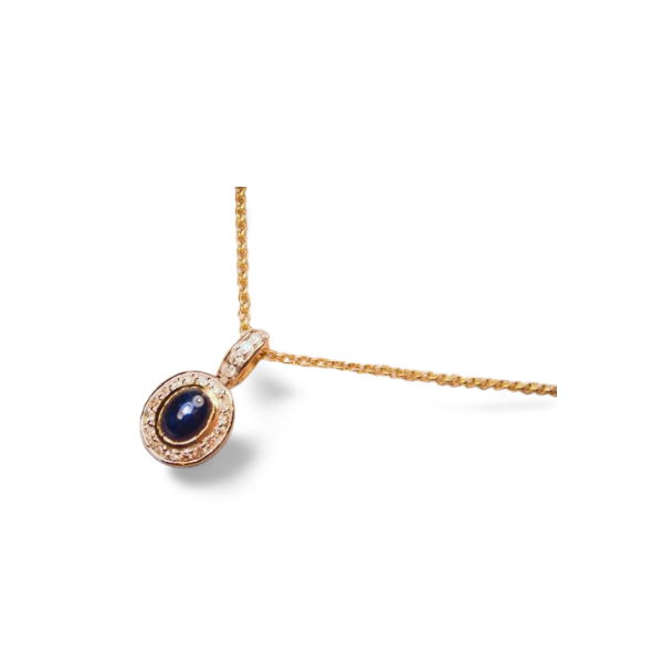 Stunning 14K Yellow Gold Cabochon Sapphire Diamond Pendant Necklace - GGEMSonline