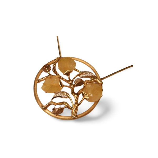 Stunning 14K Yellow Gold Diamond Topaz Smokey Quartz Leaf Pendant - GGEMSonline